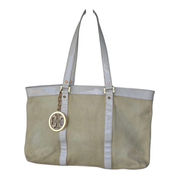 Tory Burch Handbags - Tory Burch Jane Beige Canvas Leather Purse Tote Handbag Satchel Tan White Logo